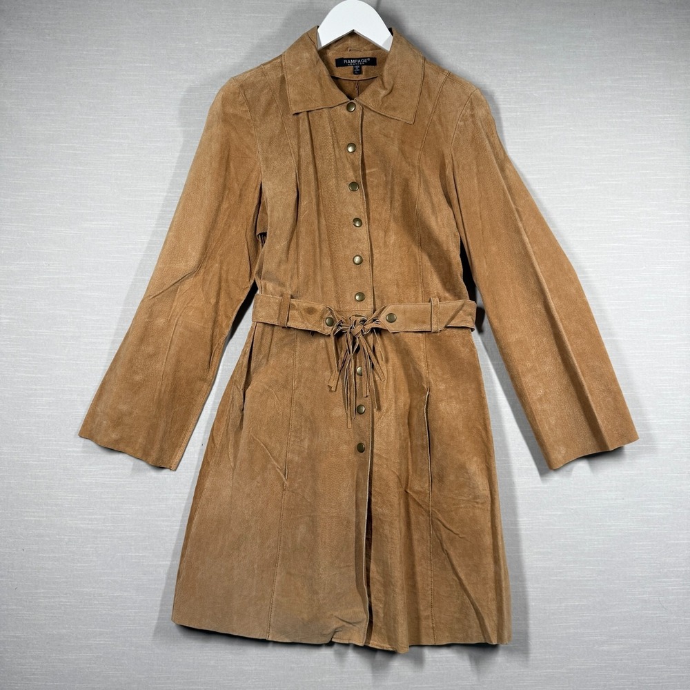 Rampage Suede Jacket Womens Large Y2K Belted Fringe Button Leather Long Pockets